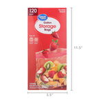Front product shot of a Great Value gallon storage bags box with dimensional measurement overlay showing 11.5 by 5.5 inches.