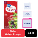 Great Value red carton front for Gallon Storage Slider Bags showing fresh salad image and '60 BAGS' badge.
