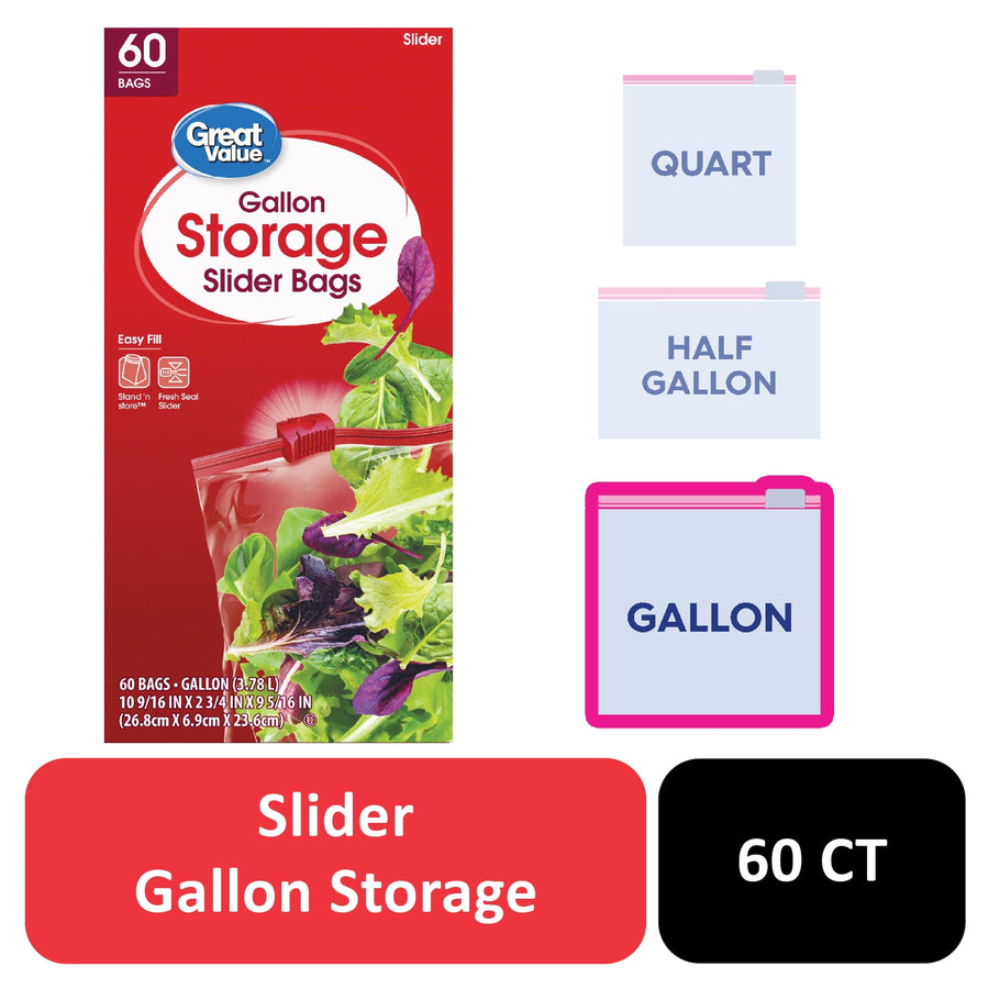 Great Value red carton front for Gallon Storage Slider Bags showing fresh salad image and '60 BAGS' badge.