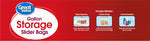 Red banner panel with Great Value logo and text 'Gallon Storage Slider Bags' plus three small icons illustrating pantry, leftovers, and travel uses.