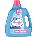 Blue Great Value Gentle Soft fabric softener bottle with pink cap and 'Spring Showers' label showing 150 loads.