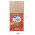Front-packaging image of Great Value giant lunch bags with printed dimensions and orange product label, measurement lines shown.