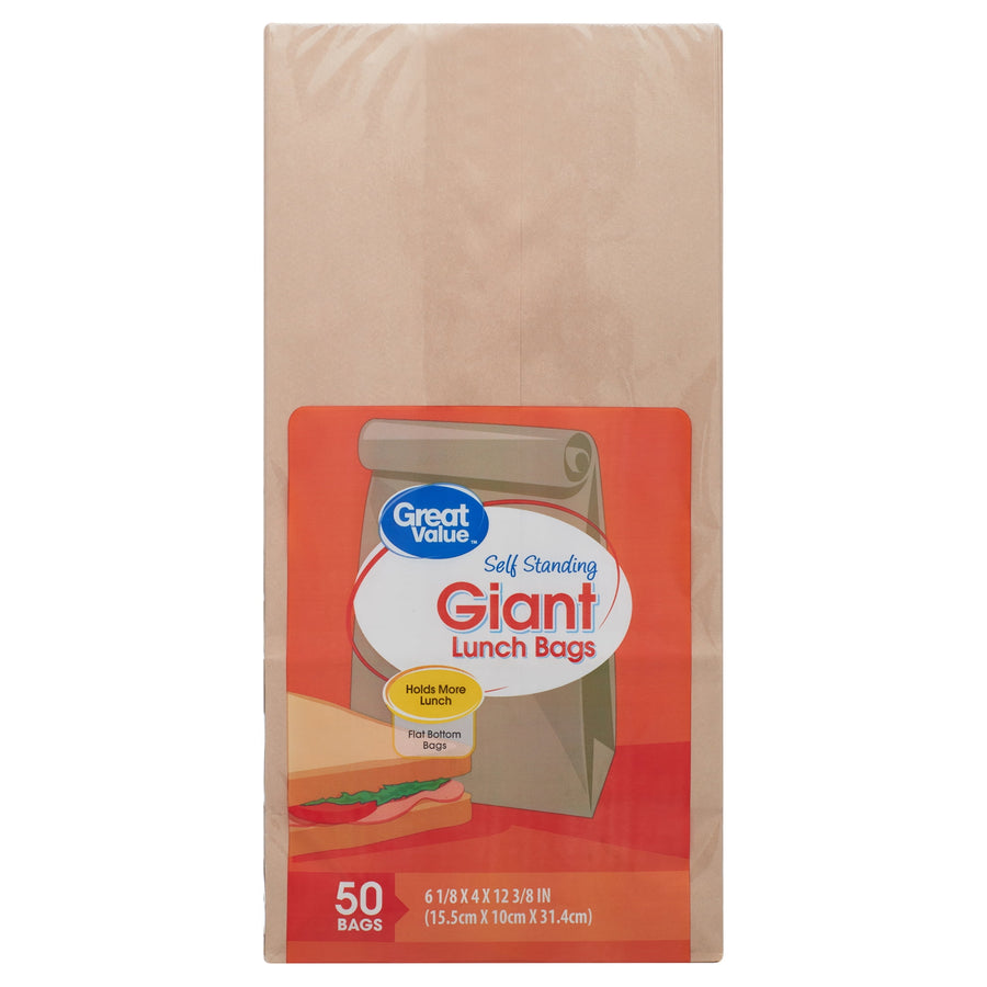 Packaged Great Value self-standing giant brown lunch bags with front label showing product name and illustration.