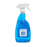 Rear view of a Great Value glass cleaner spray bottle showing barcode label and blue cleaning solution inside a clear plastic bottle.