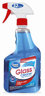 Spray bottle of Great Value glass cleaner with blue liquid, red trigger and labeled 'Glass Cleaner with Ammonia' on white background.