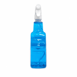 Side profile of a clear spray bottle filled with blue glass cleaner showing the trigger, neck, and liquid level against white.