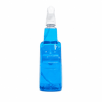 Top-down side view of a clear plastic spray bottle filled with blue glass cleaning solution and a white spray nozzle.