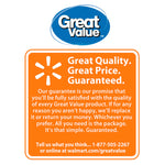 Great Value brand logo above orange guaranteed quality message on white background