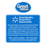 Great Value logo above a guarantee panel with text describing product satisfaction and contact information.