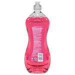 Back view of a clear bottle of pink Great Value guava dishwashing liquid showing ingredient and barcode text.