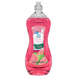 Clear plastic bottle of pink Great Value guava dishwashing liquid with visible label and fruit graphic on a white background.
