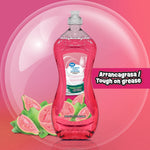 Product graphic of pink Great Value guava dish soap bottle over a stylized pink background with guava slices and 'Tough on grease' callout.