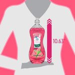 Illustration showing a hand holding a bottle of pink Great Value guava dish soap with a 10.63" height indicator.