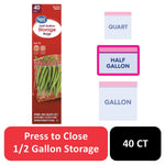 Product box graphic and illustrations showing quarter, half gallon, and gallon bag icons with 'Press to Close' callout