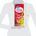 Great Value half gallon slider storage bags package overlaid on silhouette showing product dimensions and scale