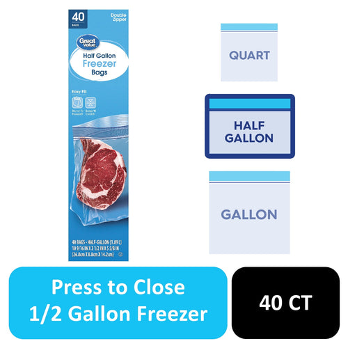 Great Value half-gallon freezer bag packaging graphic with steak photo and bag size icons