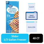 Blue Great Value half-gallon freezer slider bag box with grilled food image and illustrative bag icons