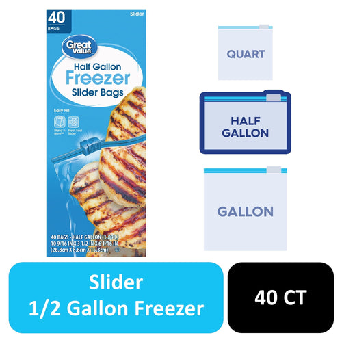Blue Great Value half-gallon freezer slider bag box with grilled food image and illustrative bag icons