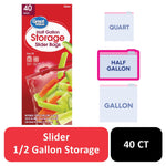 Front-facing Great Value half gallon slider storage bag box with vegetables visible in a clear slider bag graphic