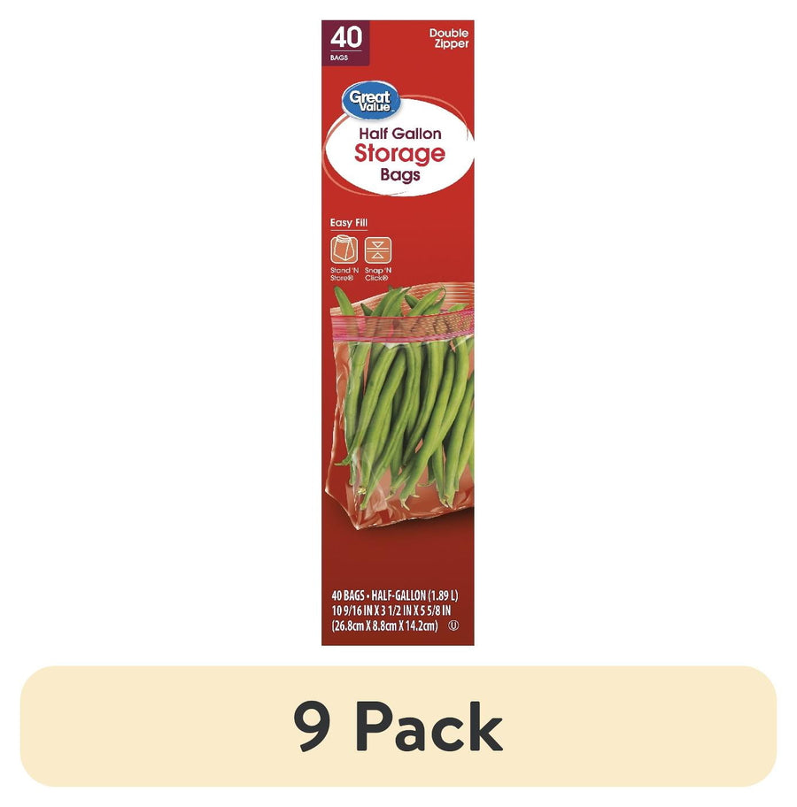 Tall front view of Great Value half gallon storage bags box with beans visible in a clear bag