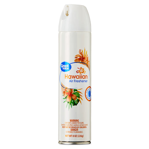 Tall white Great Value Hawaiian aerosol air freshener can with floral label and white plastic spray top on white background.