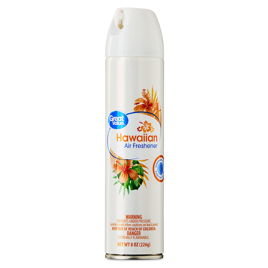 Tall white Great Value Hawaiian aerosol air freshener can with floral label and white plastic spray top on white background.
