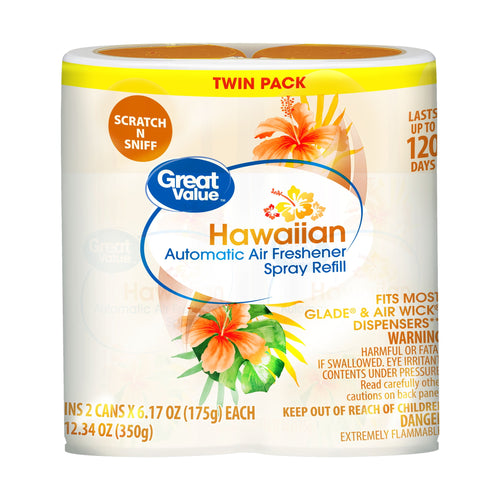 Twin pack of Great Value Hawaiian automatic air freshener spray refills with floral label on white background