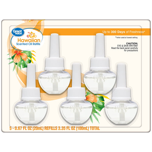 Five clear plug-in oil refill bottles with white caps displayed on floral Great Value Hawaiian packaging.