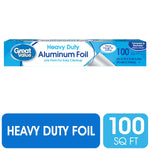 Great Value blue-and-white Heavy Duty Aluminum Foil retail box showing brand and 100 sq ft label