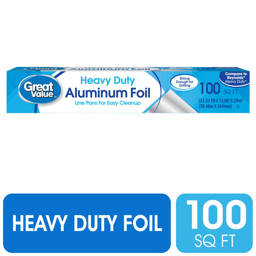 Great Value blue-and-white Heavy Duty Aluminum Foil retail box showing brand and 100 sq ft label