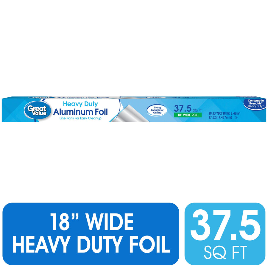 Long rectangular Great Value heavy-duty aluminum foil box with blue branding and 37.5 sq ft callout