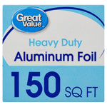 Close-up of Great Value packaging showing 'Heavy Duty Aluminum Foil' and large '150 SQ FT' text