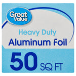Close-up label of Great Value Heavy Duty Aluminum Foil showing brand logo and large ‘50 SQ FT’ text