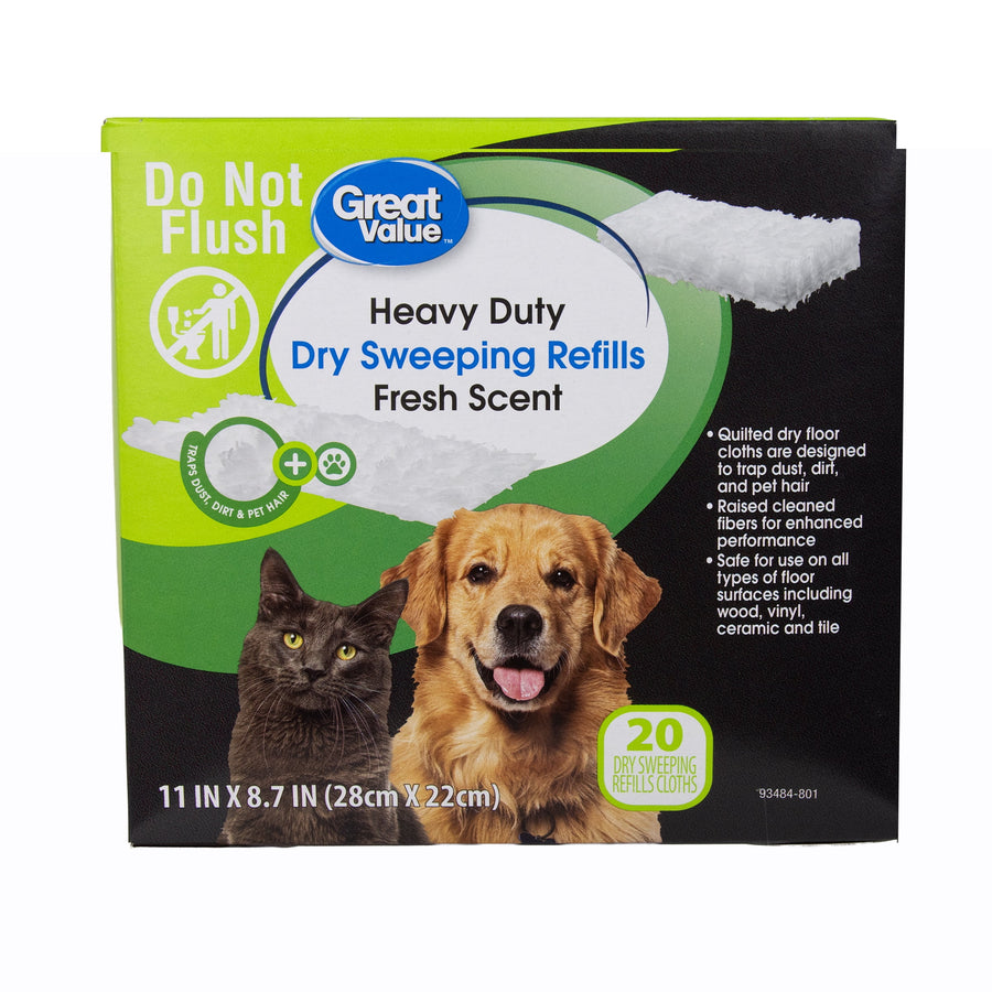 Great Value Heavy Duty Dry Sweeping Refills box front with dog and cat imagery