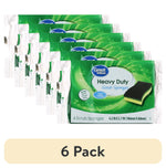 Six stacked Great Value Heavy Duty Scrub Sponges multipacks showing green branded packaging and a sponge image