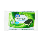 Packaged Great Value Heavy Duty scrub sponges with green swirl background and product image on white wrapper