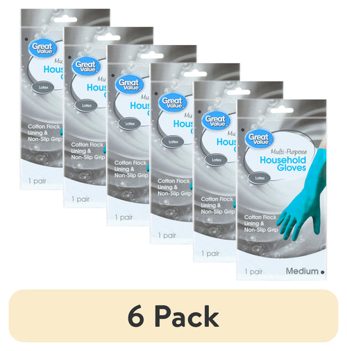 Six Great Value household glove retail packages shown in a staggered lineup with teal glove graphic and '6 Pack' banner below.