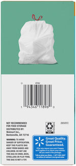 Illustrated tied white trash bag on teal-green background from Great Value small drawstring bag packaging