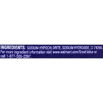 Narrow product ingredient label listing sodium hypochlorite, sodium hydroxide and a customer service phone for Great Value/Walmart.