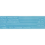 Close-up ingredient panel showing active ingredient sodium hypochlorite 2.0% and other percentages on a blue band