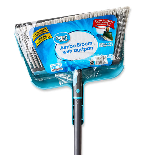 Packaged Great Value jumbo broom and matching turquoise dustpan in retail plastic wrap with product label