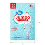 Front of Great Value Jumbo Spoons box with dimensions overlay and large spoon image on a patterned blue background