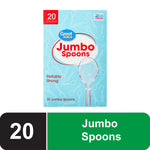 Great Value boxed packaging for jumbo clear disposable spoons with blue background and large spoon image
