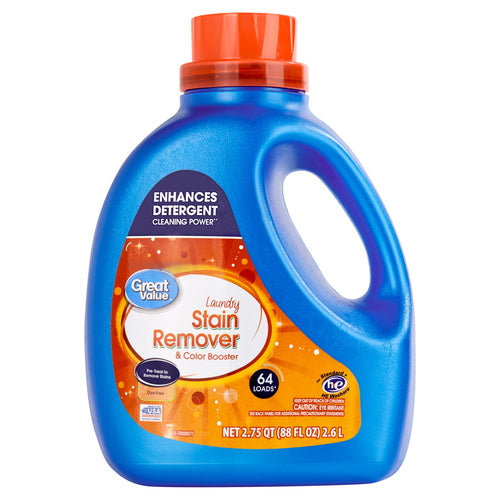 Blue Great Value Laundry Stain Remover & Color Booster jug with orange cap and front label on white background