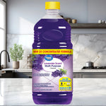 Large purple Great Value lavender-scent multi-purpose cleaner bottle placed on a bright kitchen island with cabinets behind