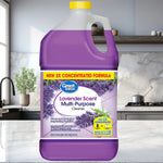 Purple Great Value lavender multi-purpose cleaner jug staged on a kitchen island with stove and marble backsplash