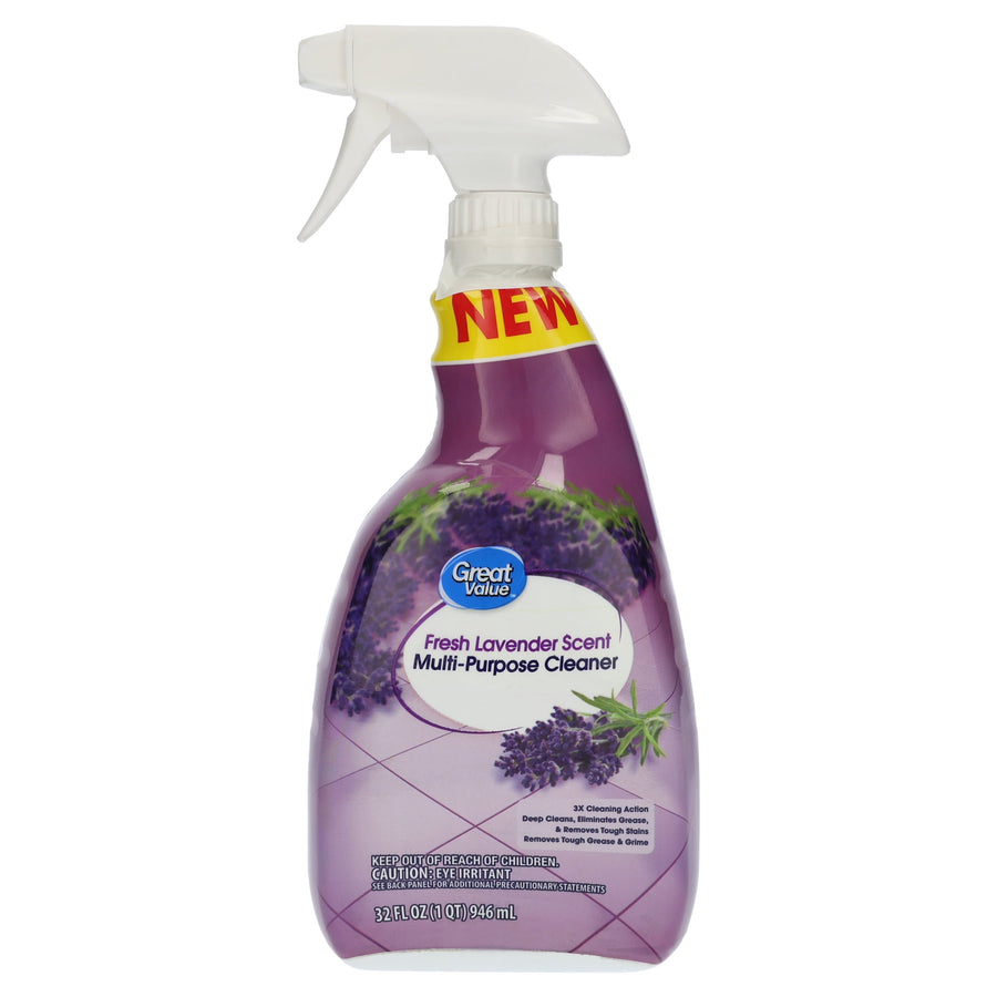 Great Value lavender-scented multi-purpose spray cleaner bottle with purple label and white trigger top on a white background.