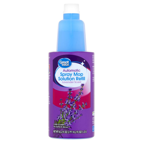 Tall bottle of Great Value Automatic Spray Mop Solution refill with lavender graphics on purple label.
