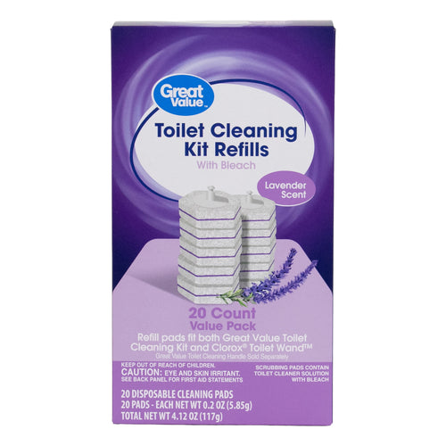 Great Value lavender-scented toilet cleaning kit refill box showing stacked scrub pads and product name on purple packaging.