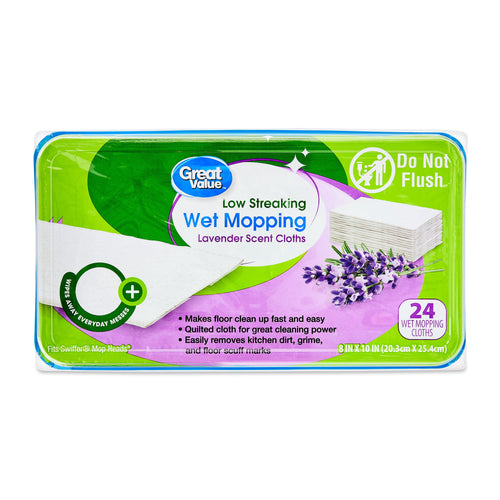 Great Value packaged wet mopping cloths in a green and lavender labeled plastic tub showing lavender sprig and product branding.